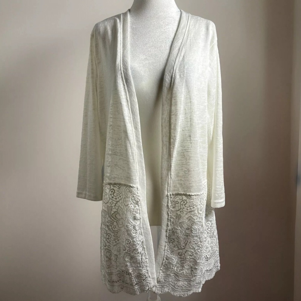 White Cardigan with Lace Trim Sheer Lining Boho Country Chic Cottagecore Size L